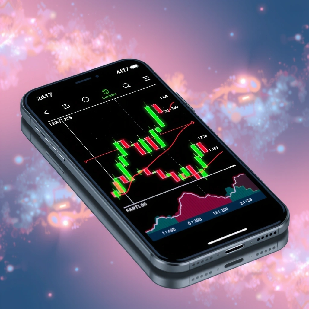 Dispositivo móvil flotando en el espacio mostrando gráficos de trading con estilo neón